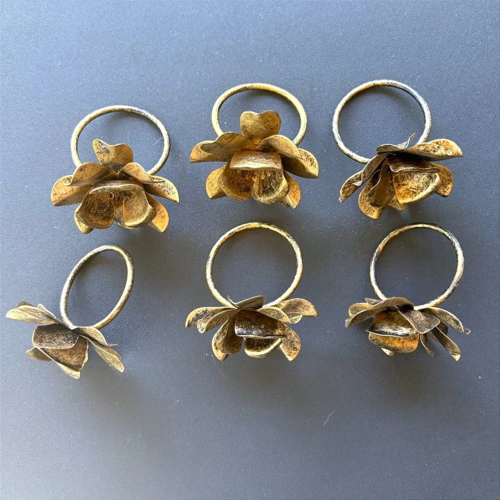 Set of 6 Antique Gold Floral Napkin Rings Distressed Metal Flower Table Decor